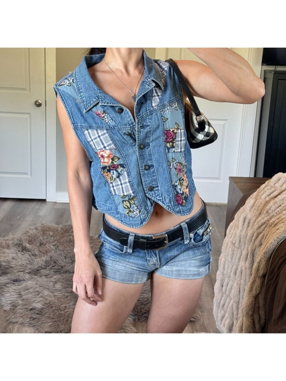 Vintage 90s Bechamel Denim Patchwork Vest Womens XL Grandma Chic Floral Boho